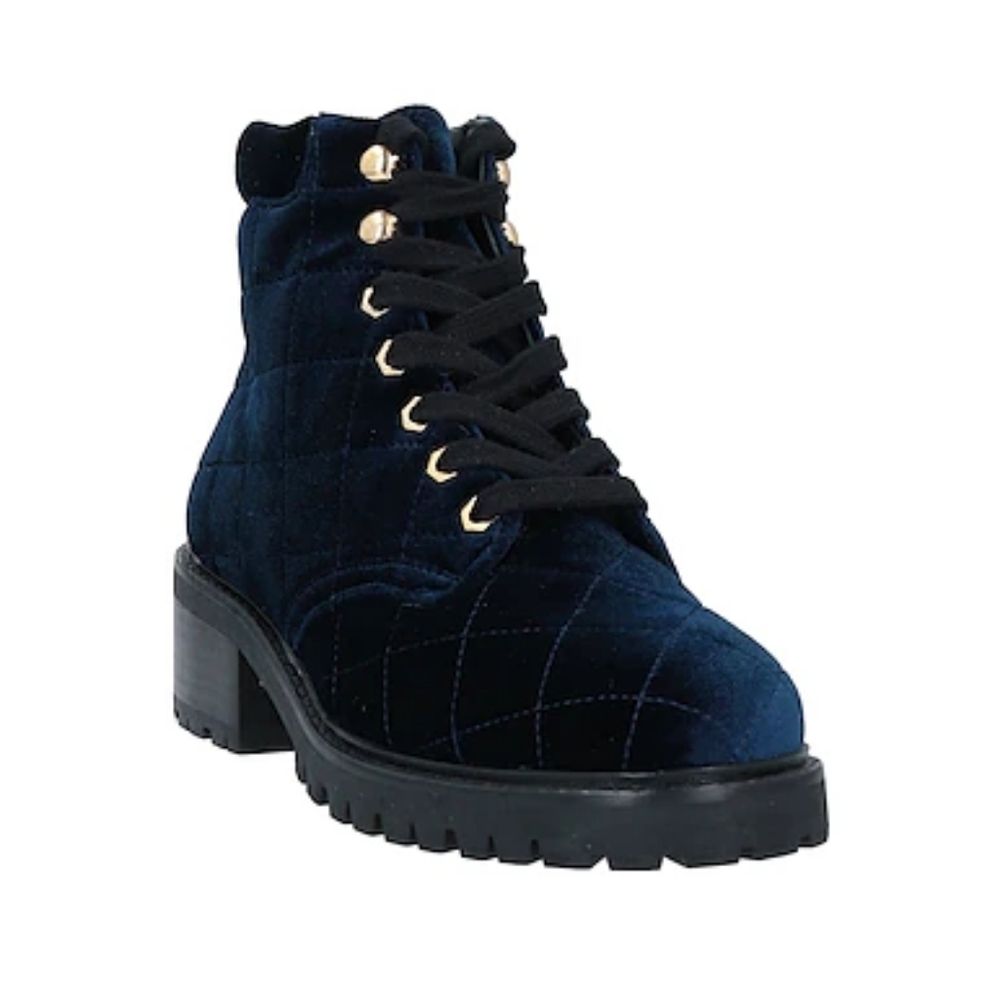 Sandro Aron Velvet Quilted Biker Combat Boots in Midnight Navy
